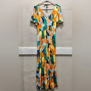 Abel the Label Anthropologie Hilda Colorful V-Neck Side Slits Maxi Dress NWOT S